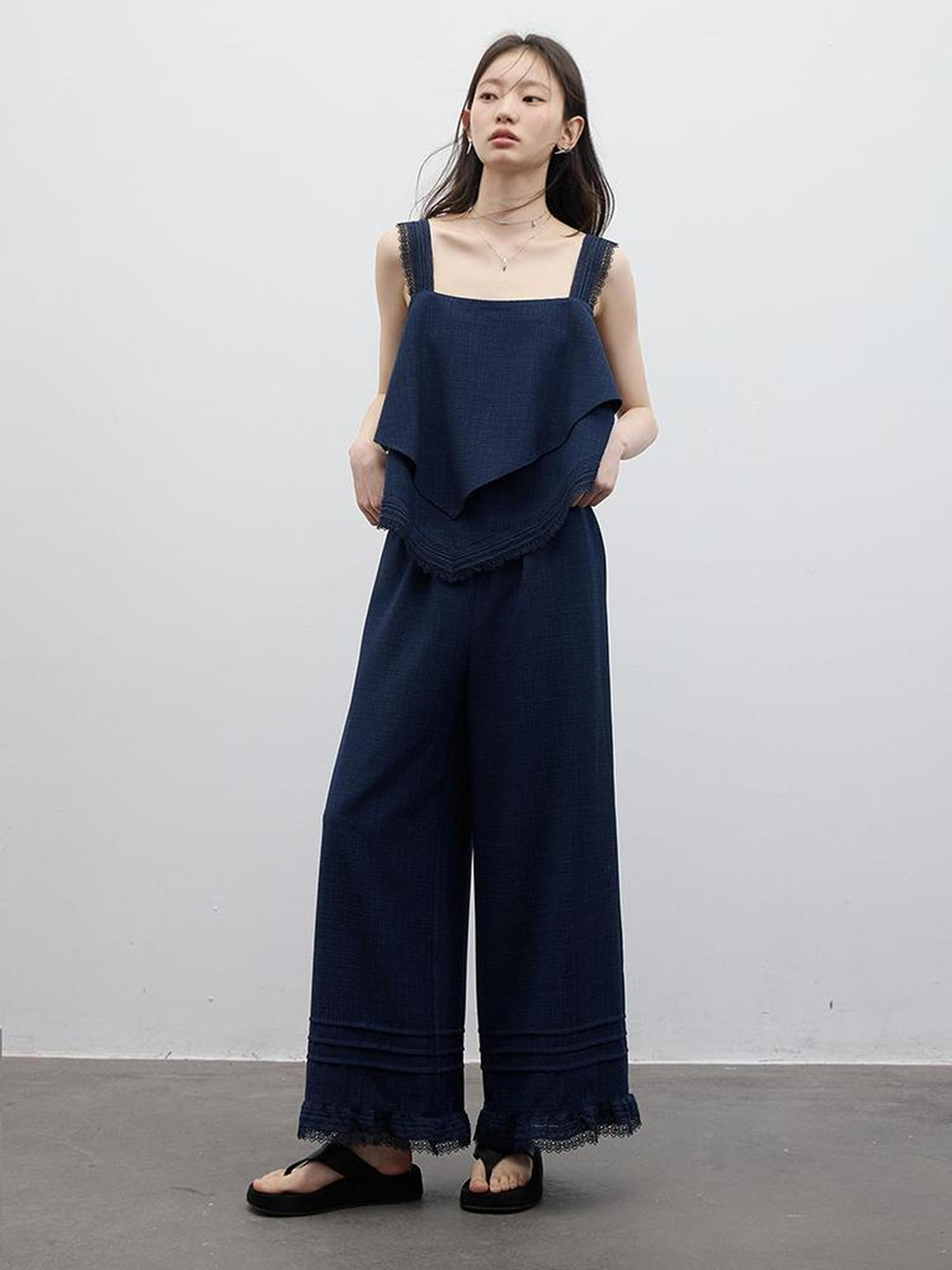 FUSSED Prussian Blue Lace Trimmed Resort Set With Asymmetric Layering