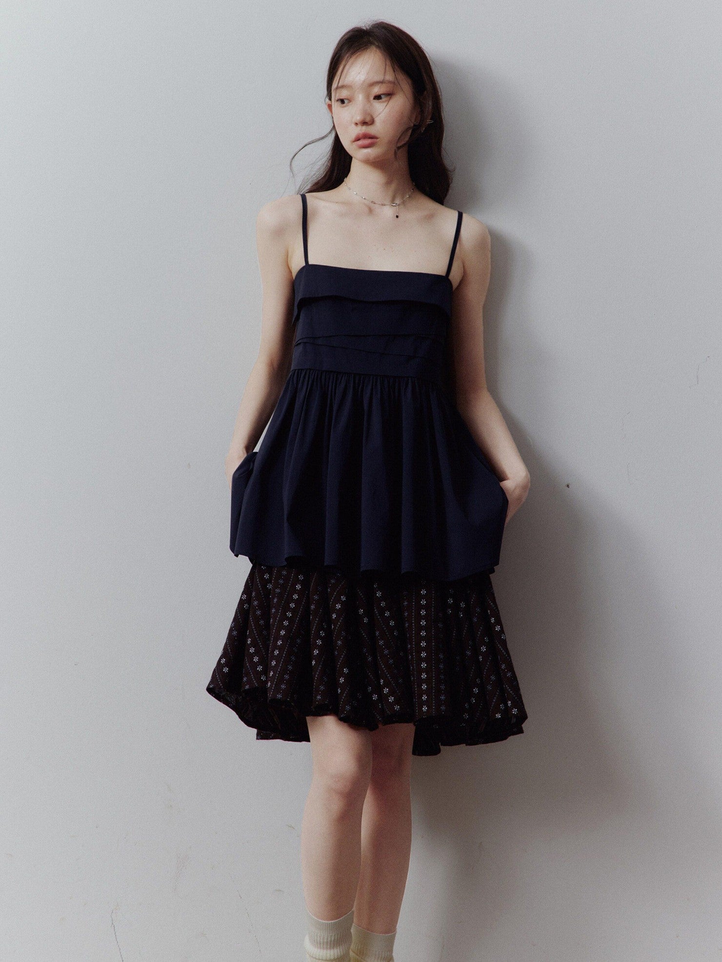 FUSSED Prussian Blue Layered Patchwork Irregular Pleated Zipper Women&