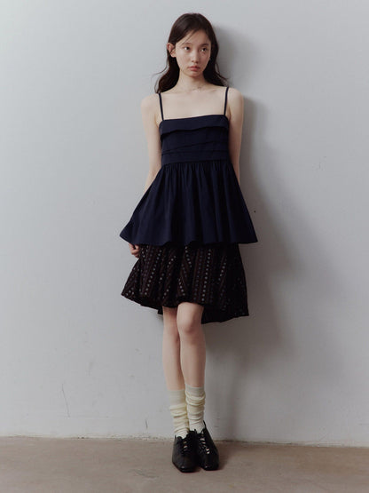FUSSED Prussian Blue Layered Patchwork Irregular Pleated Zipper Women&
