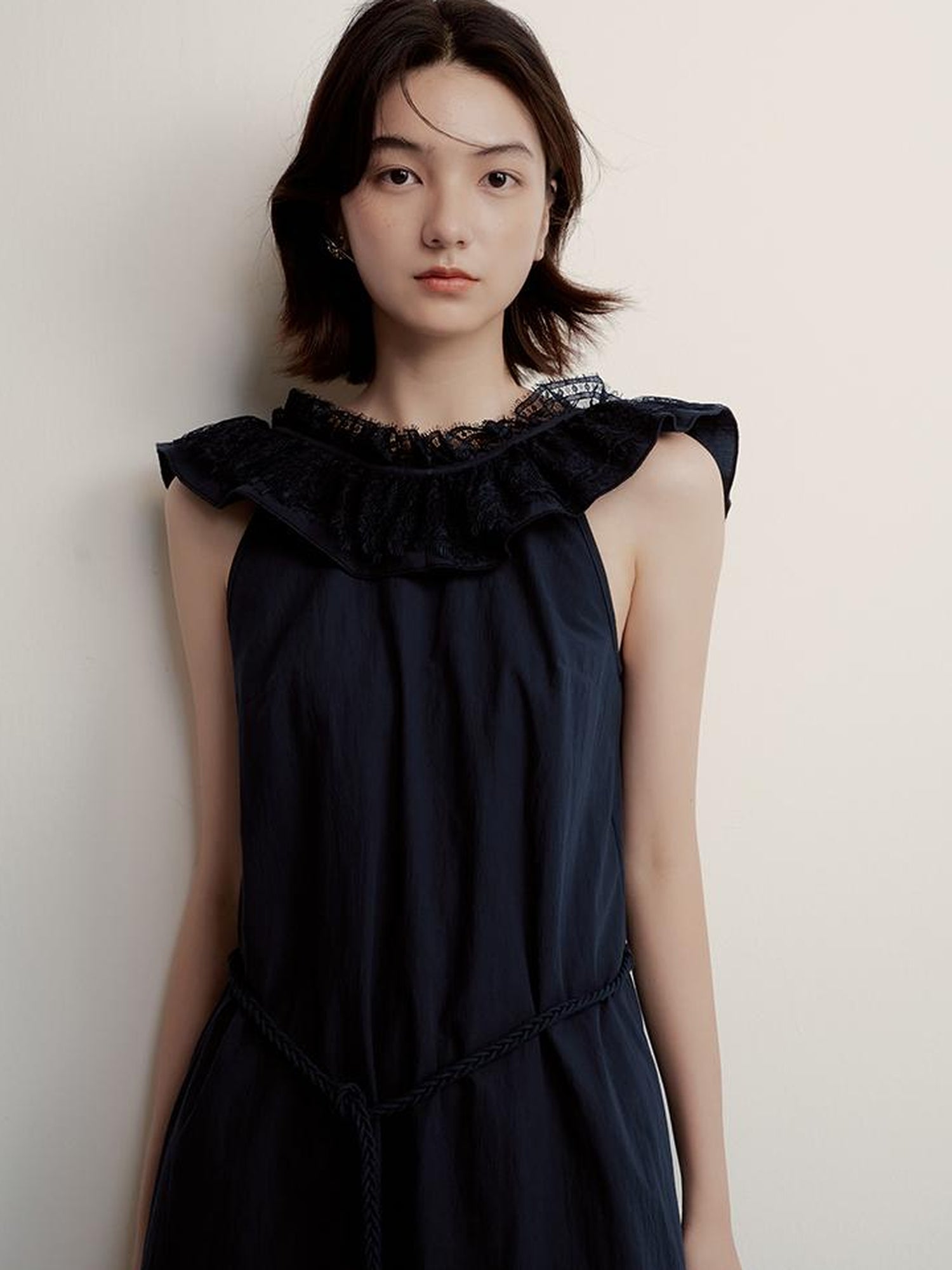 FUSSED Prussian Blue Reversible V Neck Dress With Paper Texture Antibacterial Linen