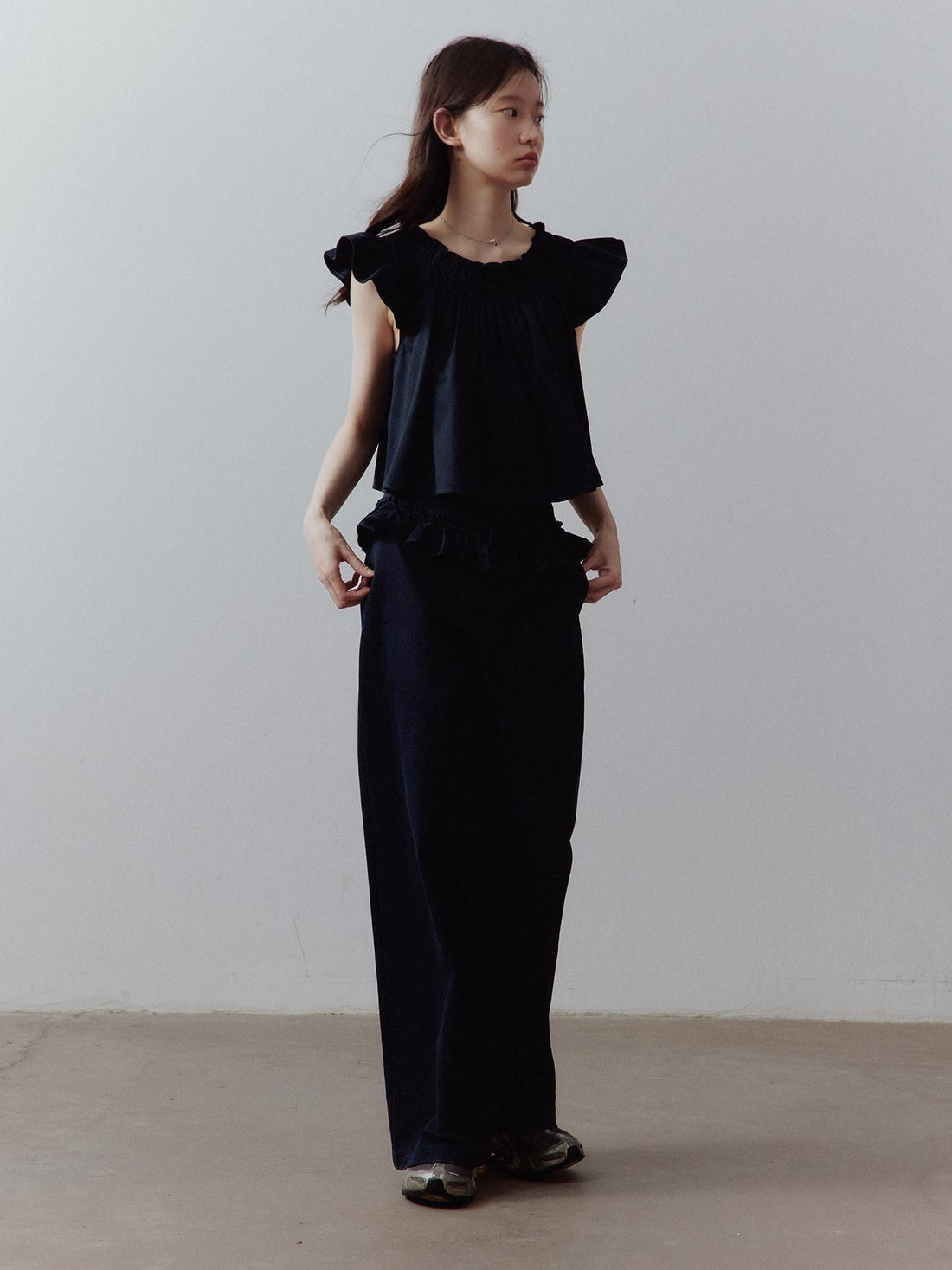 FUSSED Prussian Blue Ruched Flutter Sleeve Women&