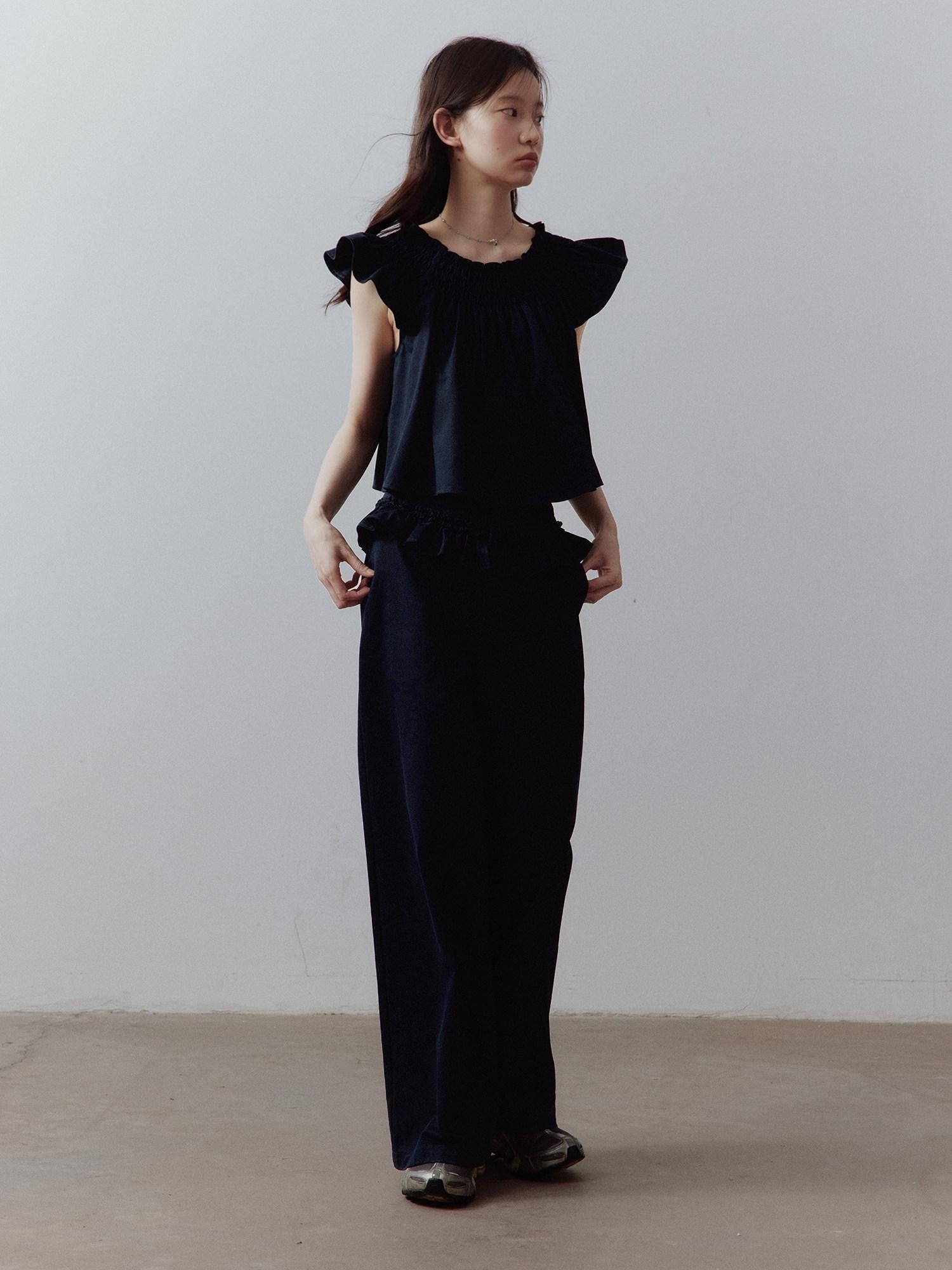 FUSSED Prussian Blue Ruched Flutter Sleeve Women&