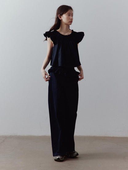 FUSSED Prussian Blue Ruched Flutter Sleeve Women&