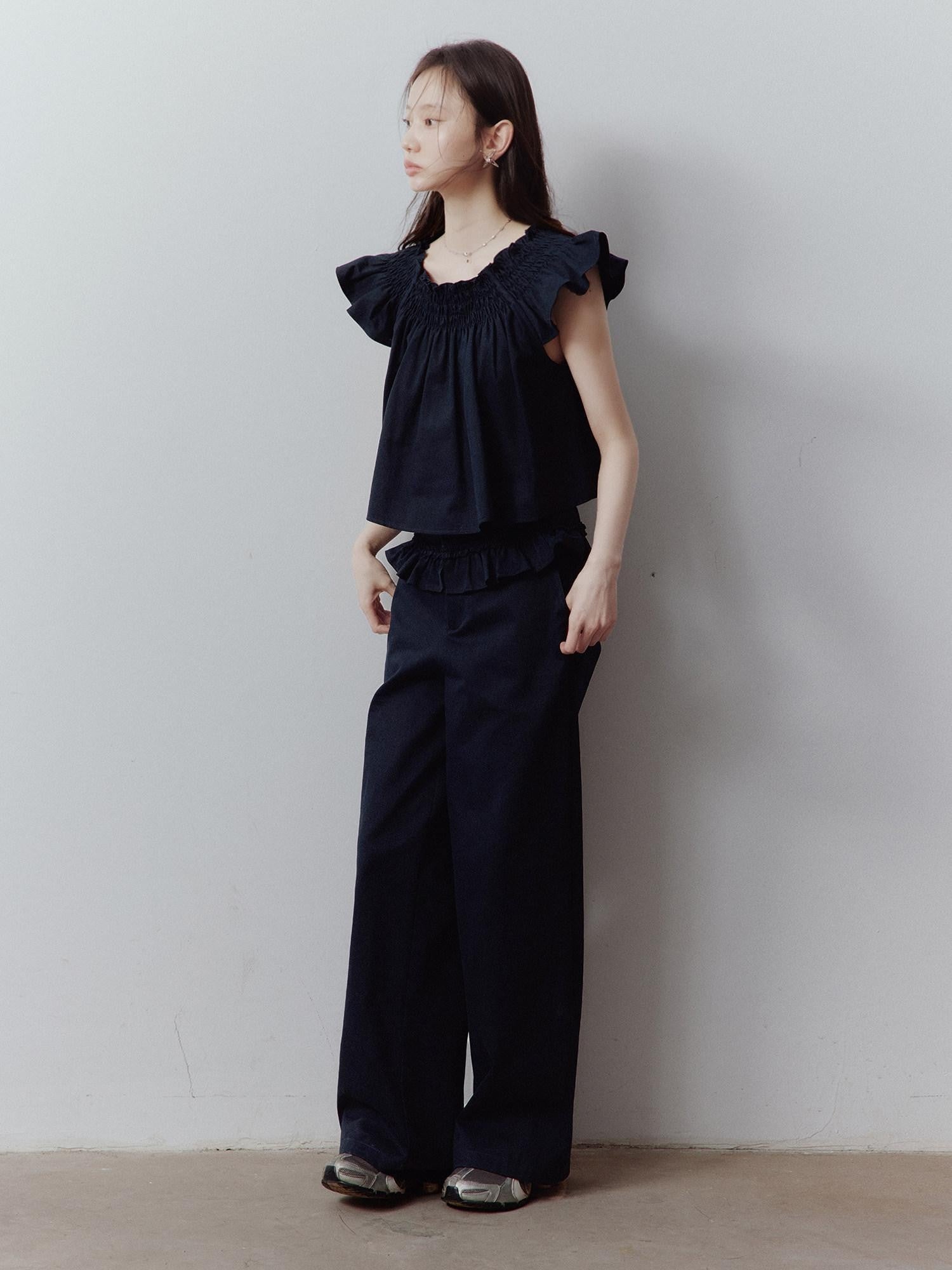 FUSSED Prussian Blue Ruched Flutter Sleeve Women&