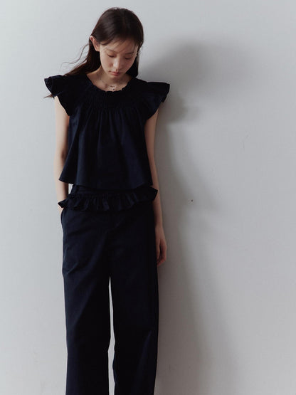 FUSSED Prussian Blue Ruched Flutter Sleeve Women&