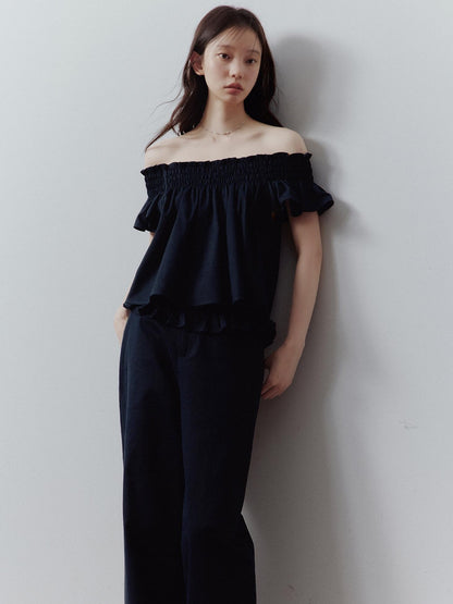 FUSSED Prussian Blue Ruched Flutter Sleeve Women&
