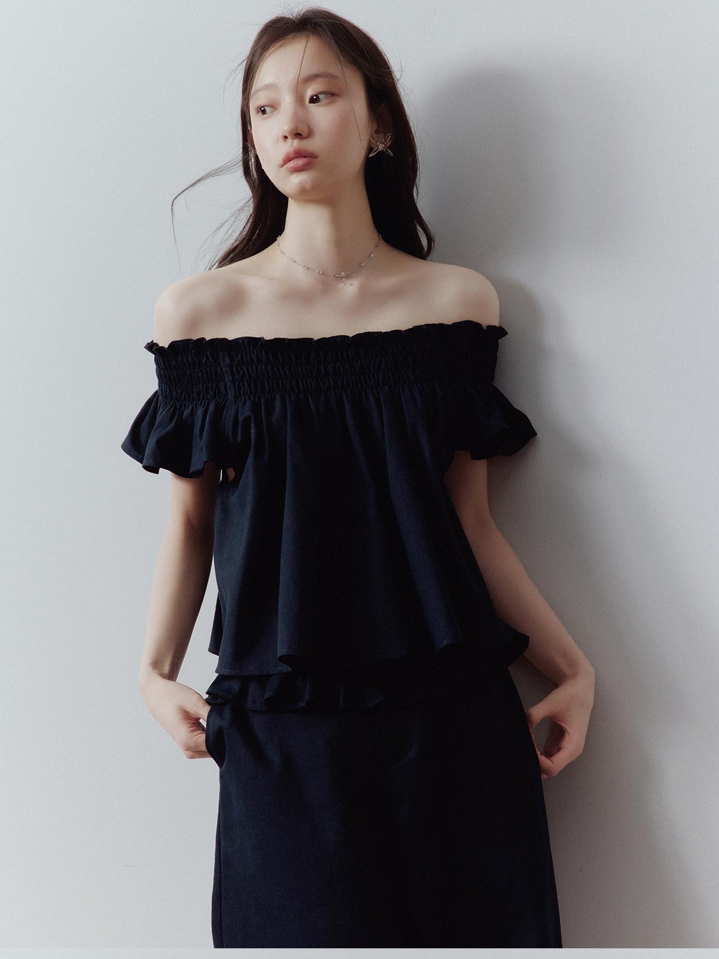 FUSSED Prussian Blue Ruched Flutter Sleeve Women&