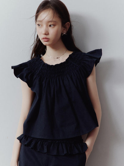 FUSSED Prussian Blue Ruched Flutter Sleeve Women&