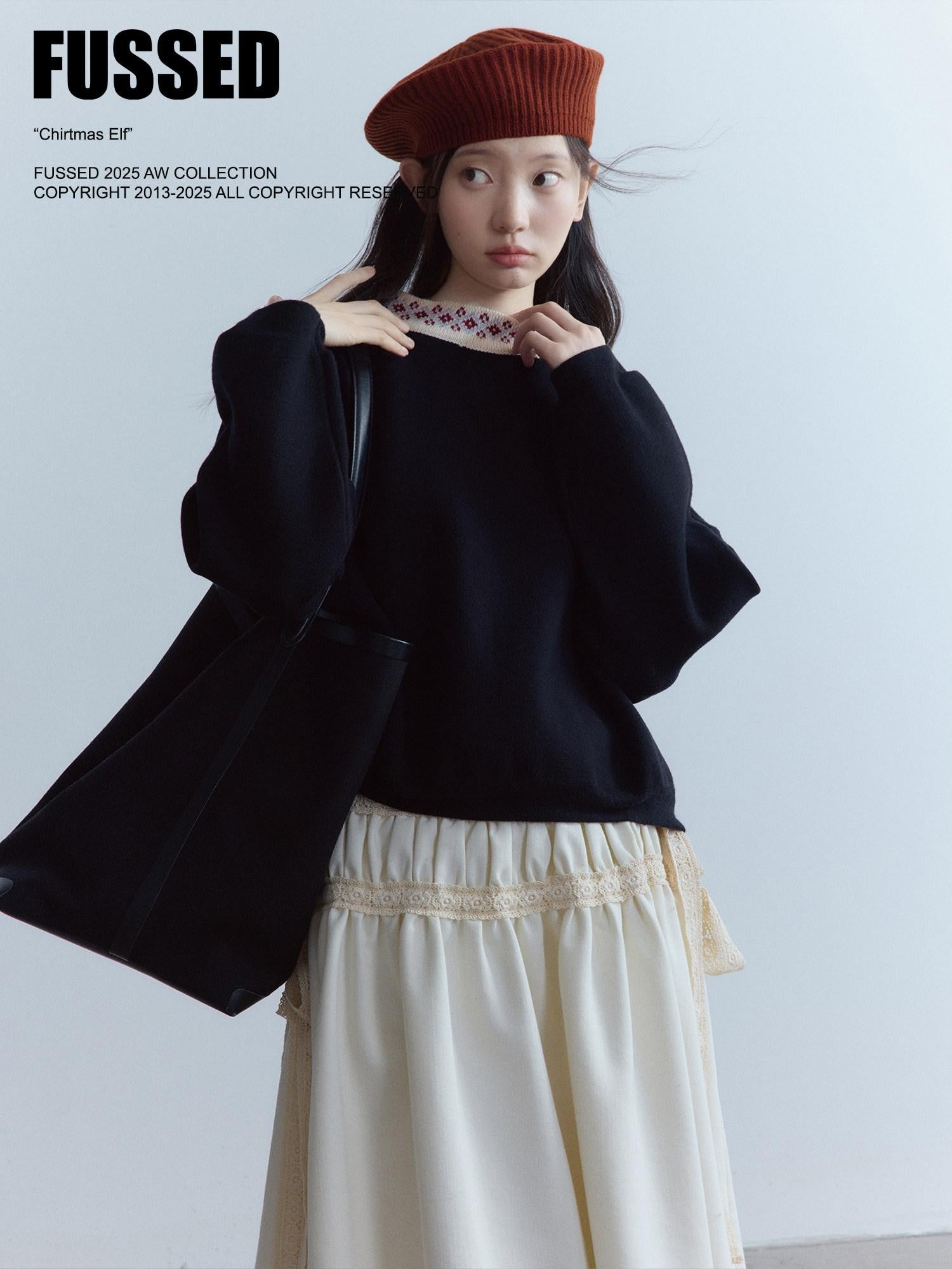 FUSSED Pure Black Fair Isle Lace Collar Heavy Patchwork Women&