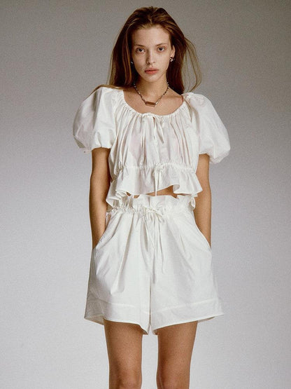 FUSSED Pure White Elastic Ruched Splice Wide Leg Women&