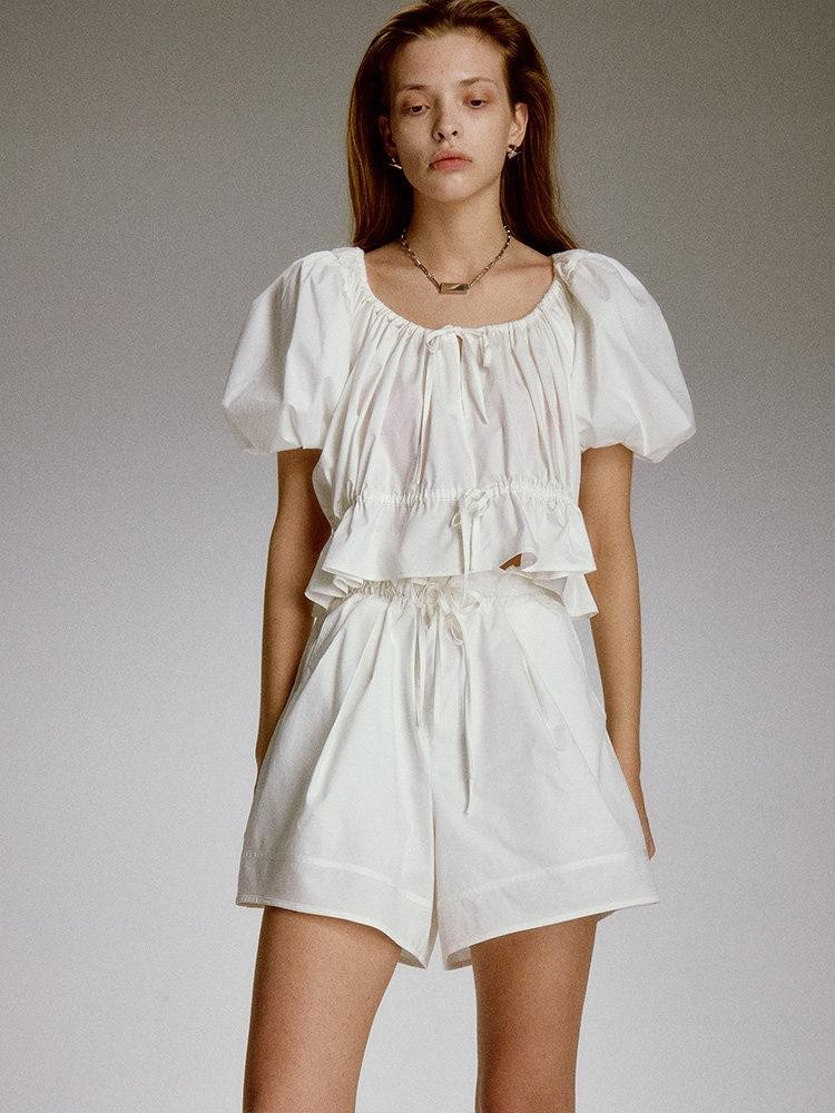 FUSSED Pure White Elastic Ruched Splice Wide Leg Women&