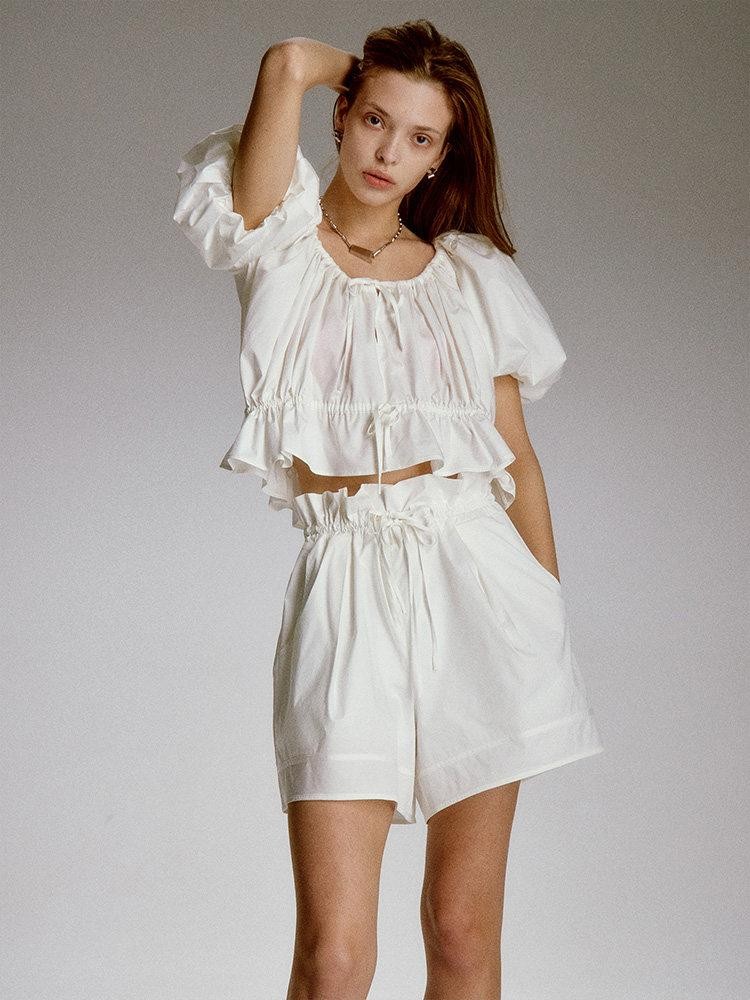 FUSSED Pure White Elastic Ruched Splice Wide Leg Women&