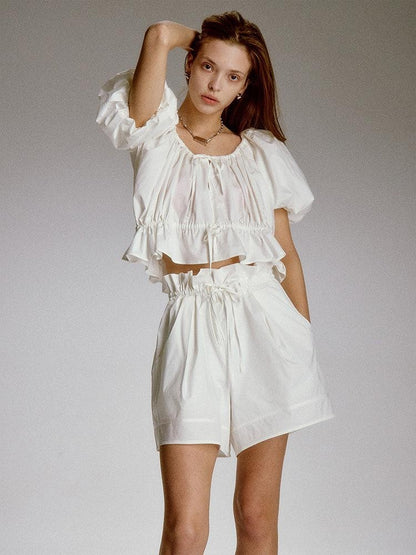 FUSSED Pure White Elastic Ruched Splice Wide Leg Women&