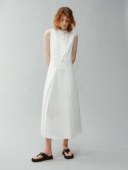 FUSSED_Pure_White_Silk_Splice_Pleat_Stand_Collar_Women&