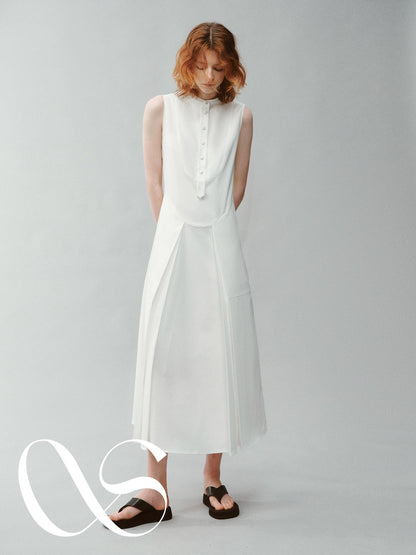 FUSSED Pure White Silk Splice Pleat Stand Collar Women&