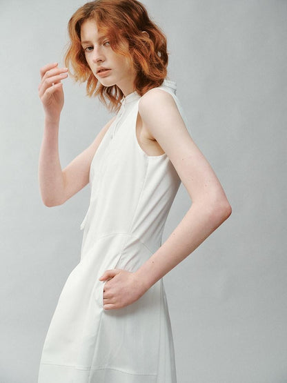 FUSSED Pure White Silk Splice Pleat Stand Collar Women&