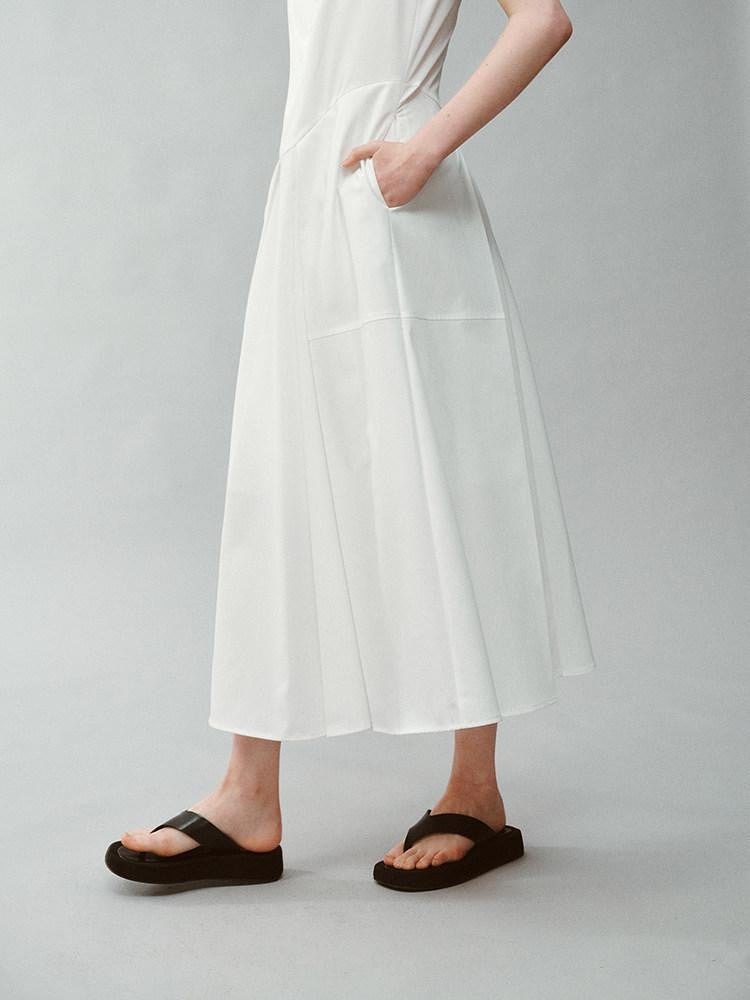 FUSSED Pure White Silk Splice Pleat Stand Collar Women&