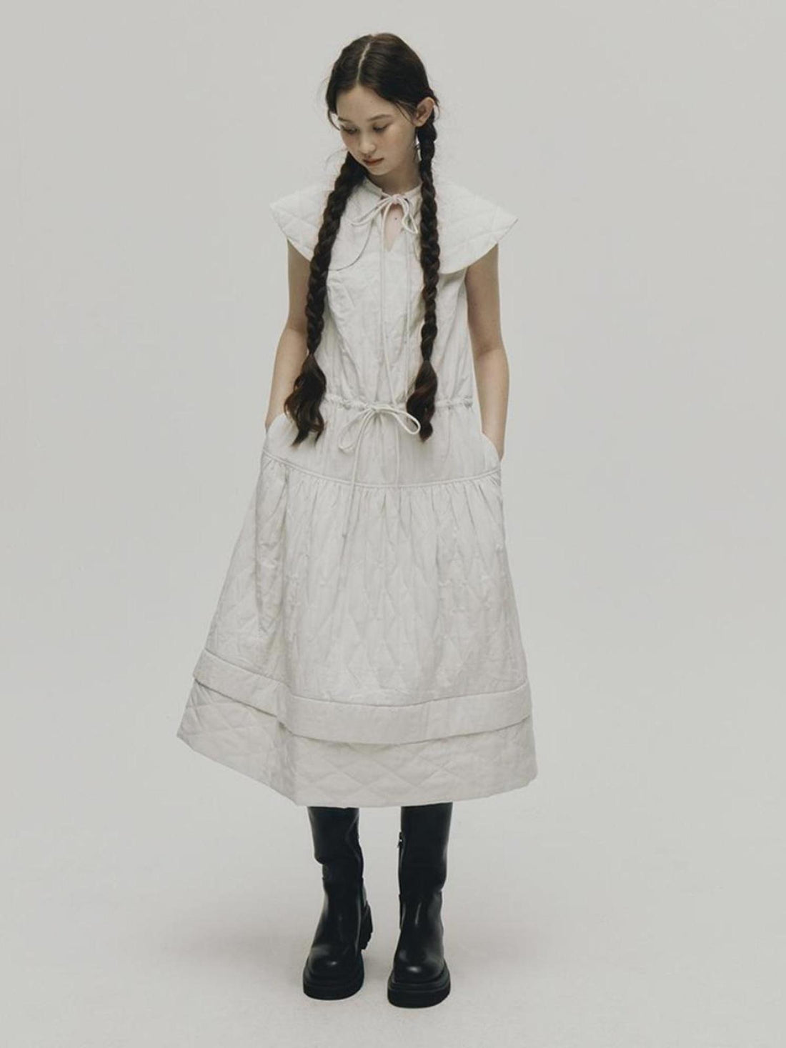 FUSSED Quilted Diamond Stitch Smock Dress In Soft Mist White