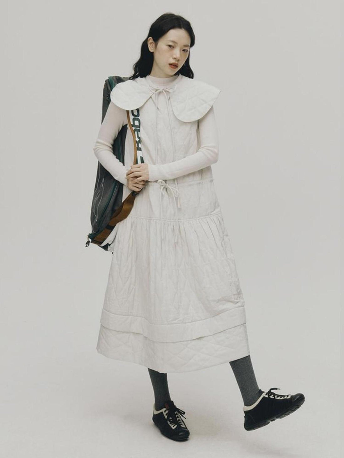 FUSSED Quilted Diamond Stitch Smock Dress In Soft Mist White