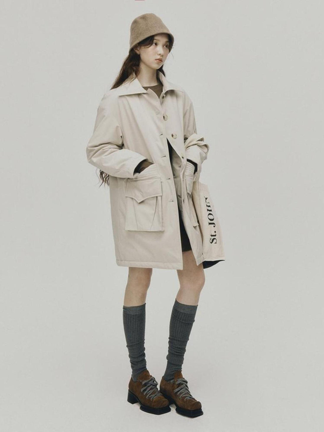 FUSSED Quilted Wool Filled Trench Coat In Oatmeal Grey