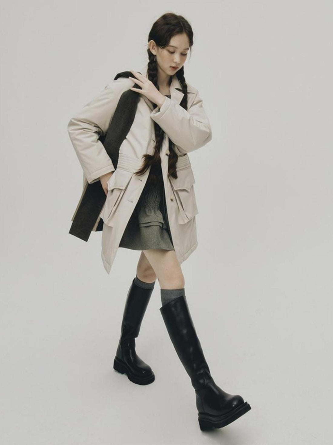 FUSSED Quilted Wool Filled Trench Coat In Oatmeal Grey
