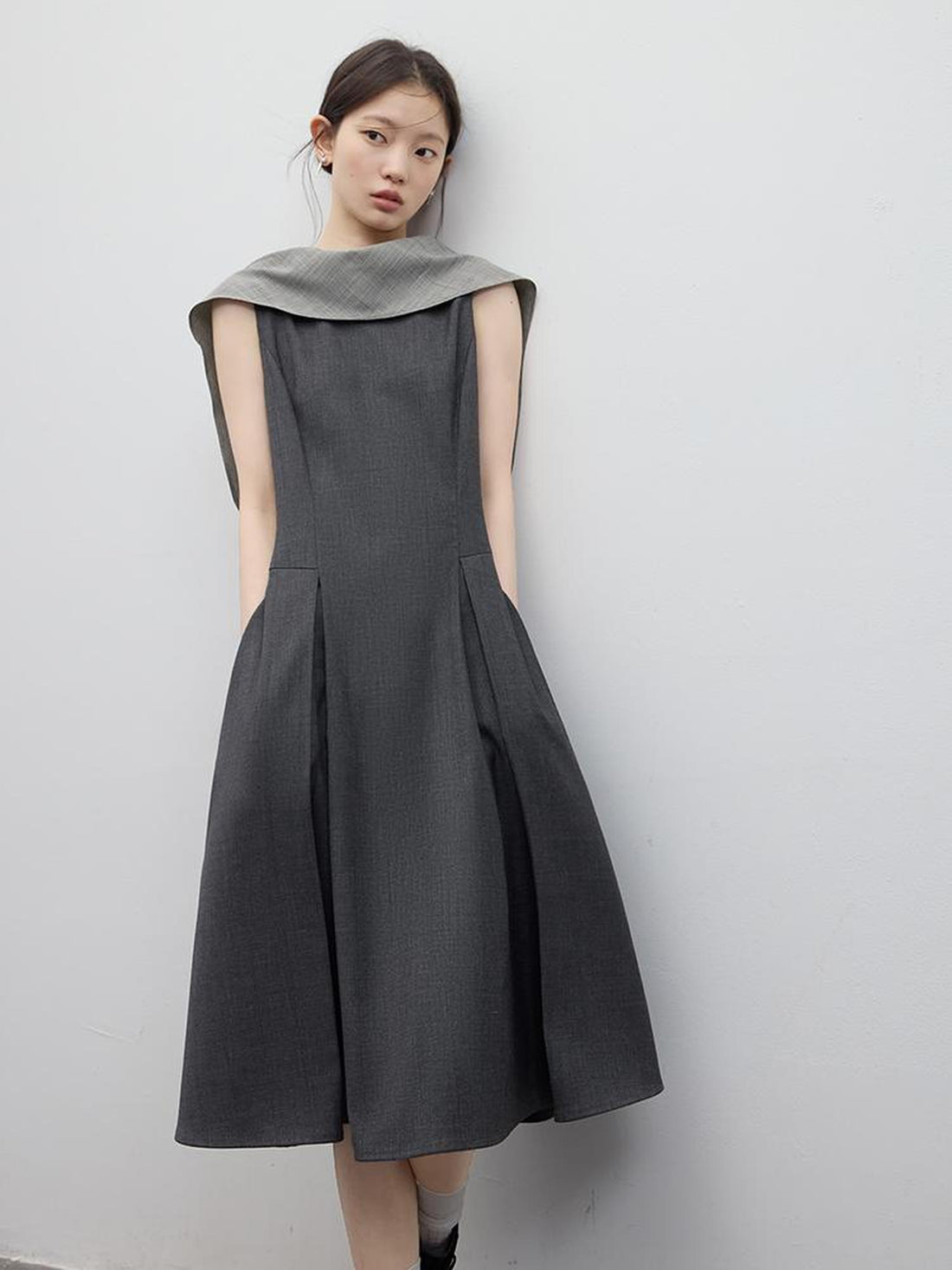 FUSSED Refined Gray Slim Fit Pleated Reversible Waistcoat Dress