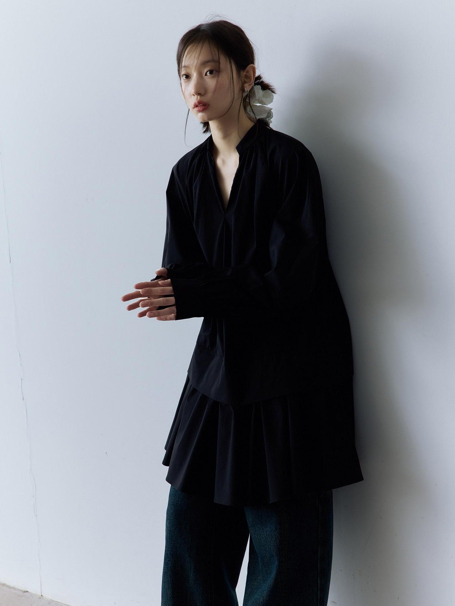 FUSSED Relaxed Layered Splice V-neck Long Sleeve Women&