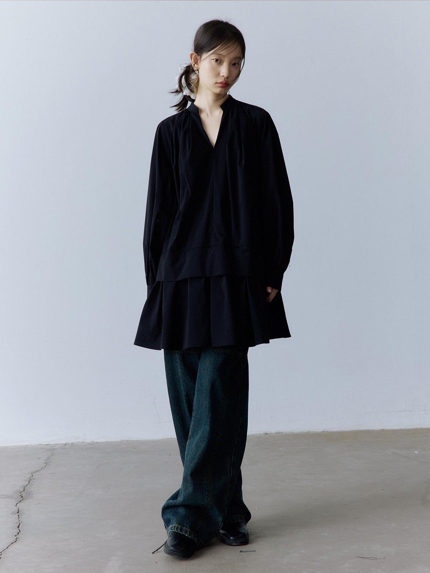 FUSSED Relaxed Layered Splice V-neck Long Sleeve Women&