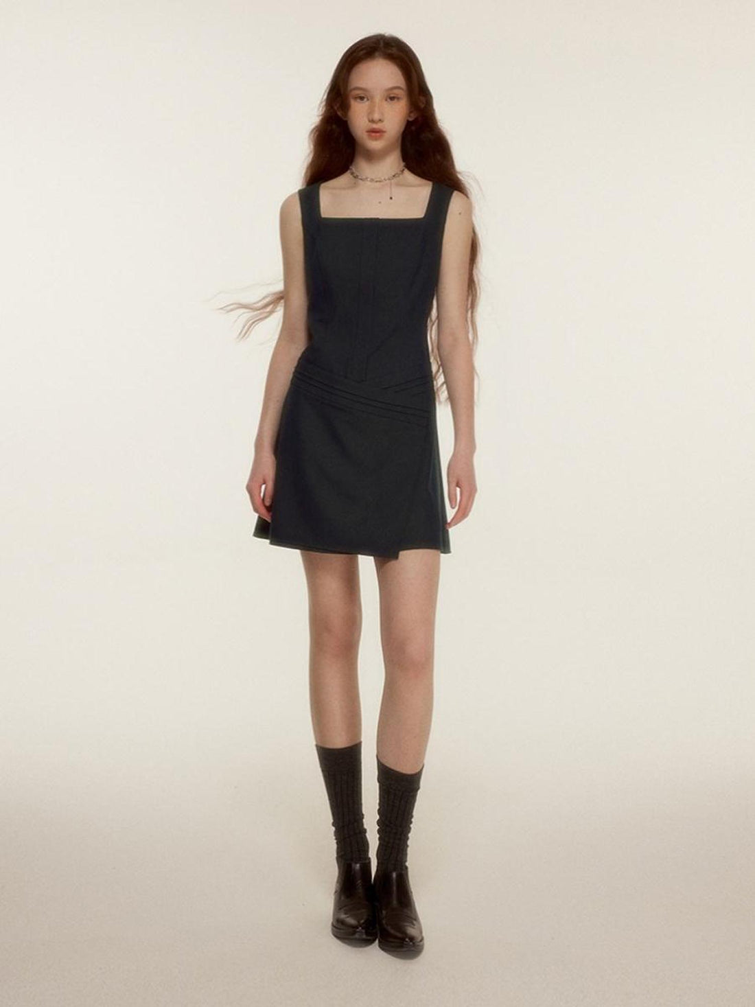 FUSSED Retro Asymmetrical Layered Navy Blue Sleeveless Blazer Dress
