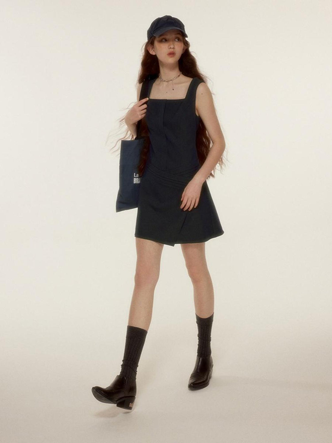 FUSSED Retro Asymmetrical Layered Navy Blue Sleeveless Blazer Dress
