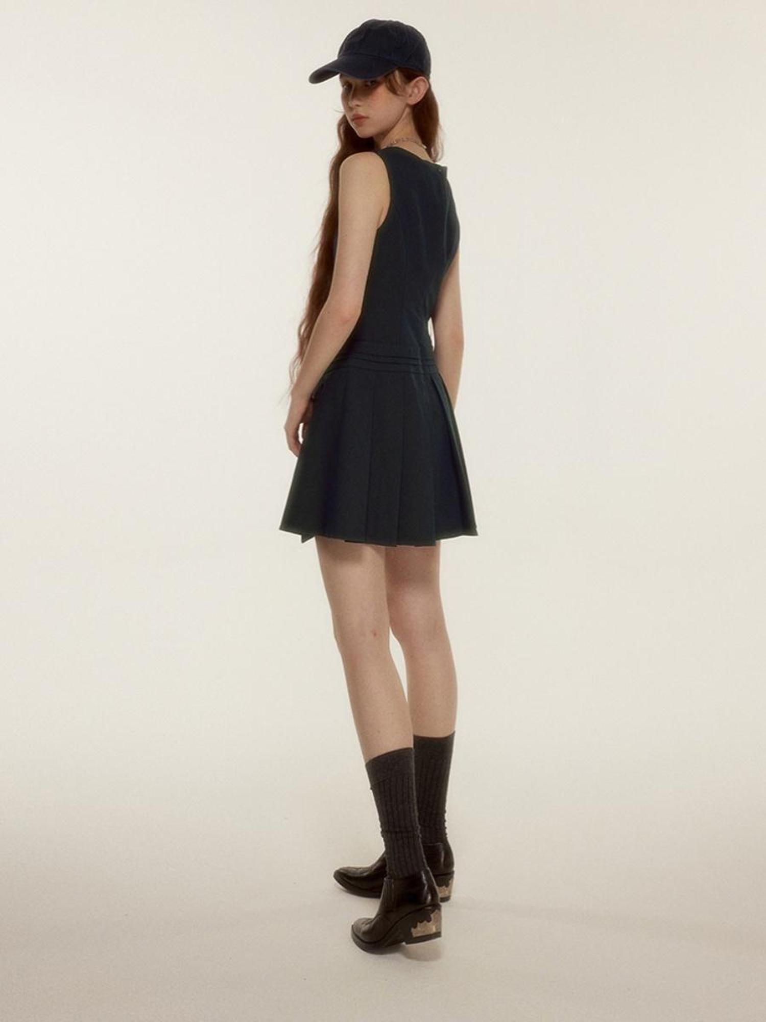 FUSSED Retro Asymmetrical Layered Navy Blue Sleeveless Blazer Dress