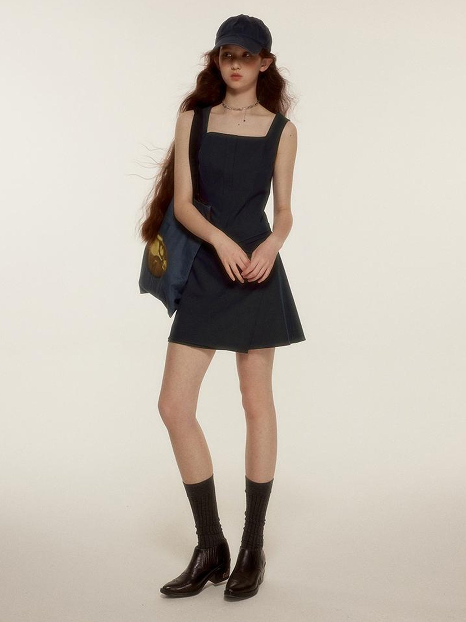 FUSSED Retro Asymmetrical Layered Navy Blue Sleeveless Blazer Dress