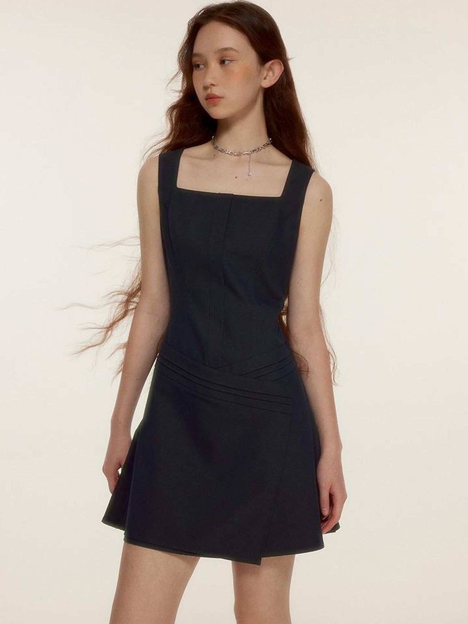 FUSSED Retro Asymmetrical Layered Navy Blue Sleeveless Blazer Dress