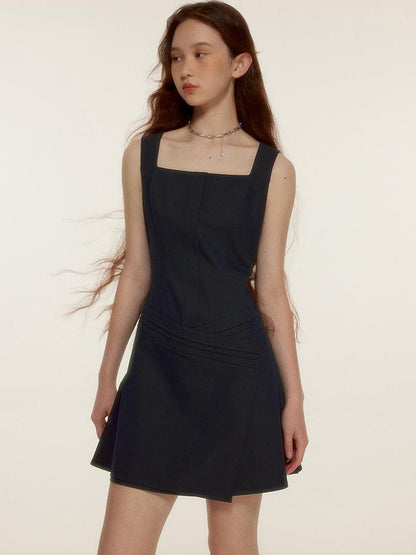 FUSSED Retro Asymmetrical Layered Navy Blue Sleeveless Blazer Dress