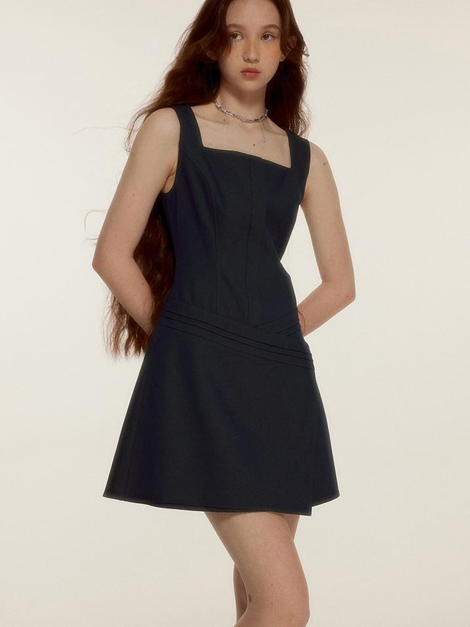 FUSSED Retro Asymmetrical Layered Navy Blue Sleeveless Blazer Dress