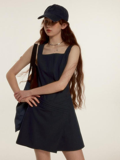 FUSSED Retro Asymmetrical Layered Navy Blue Sleeveless Blazer Dress