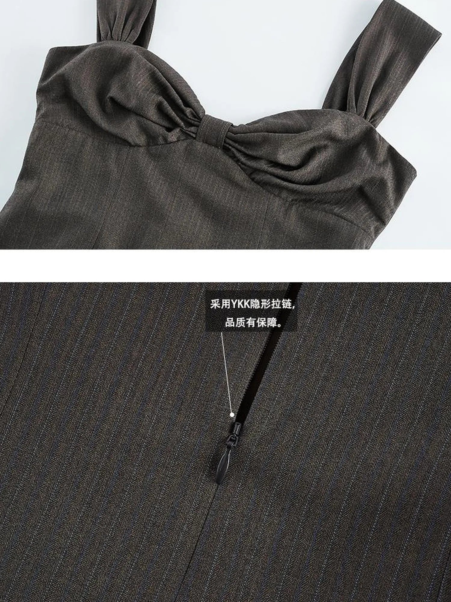 Retro Ballroom Bow Bust Brown Tiered Dress V-Neck T-Shirt Long-Sleeve