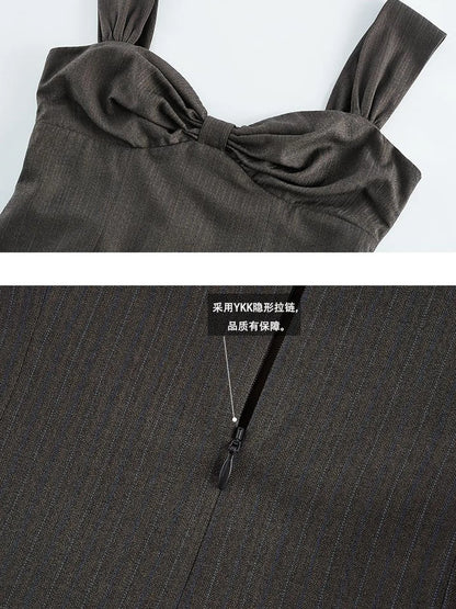 Retro Ballroom Bow Bust Brown Tiered Dress V-Neck T-Shirt Long-Sleeve