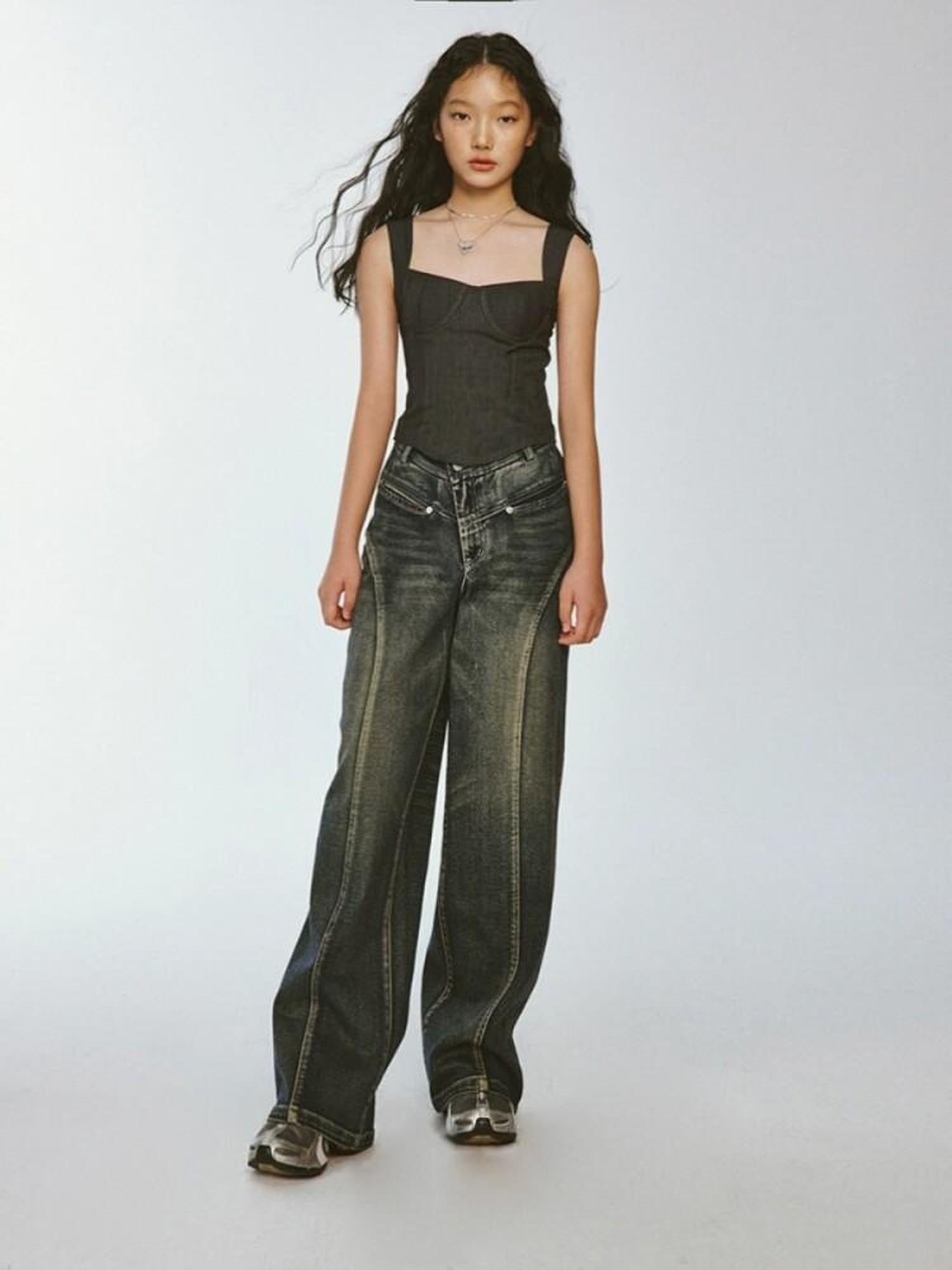 FUSSED Retro Blue Gray Plaid Cinched Waist Cropped Slim Fit Women&