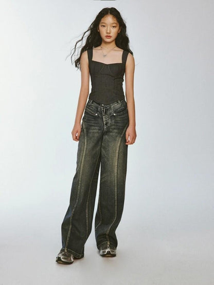 FUSSED Retro Blue Gray Plaid Cinched Waist Cropped Slim Fit Women&
