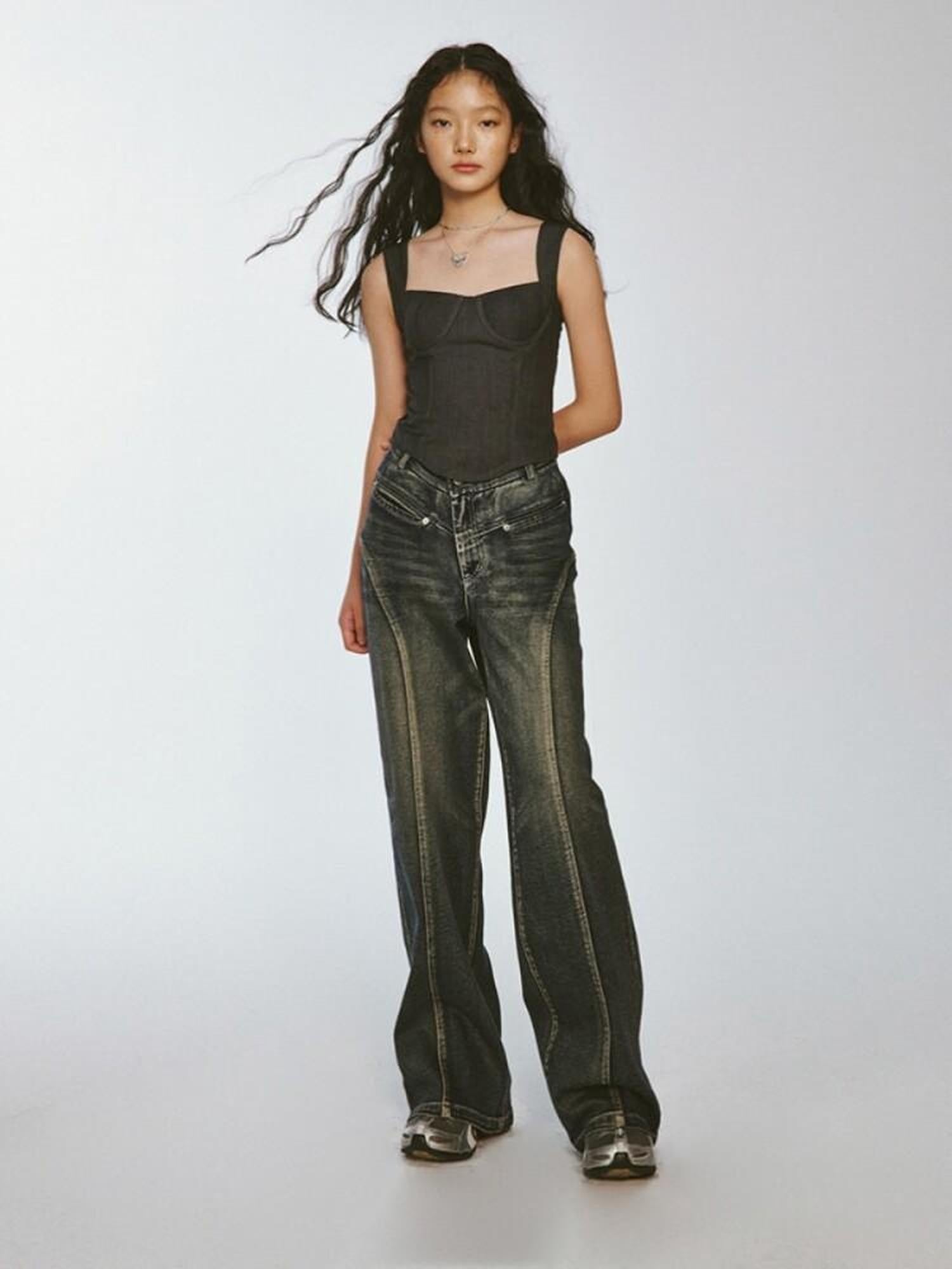 FUSSED Retro Blue Gray Plaid Cinched Waist Cropped Slim Fit Women&