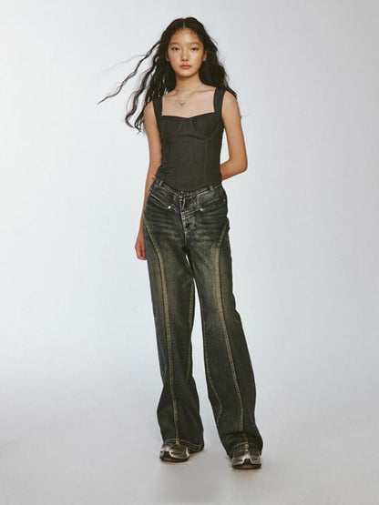 FUSSED Retro Blue Gray Plaid Cinched Waist Cropped Slim Fit Women&