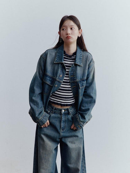 FUSSED Retro Blue Heavy Wash Metal Trim Oversized Women&