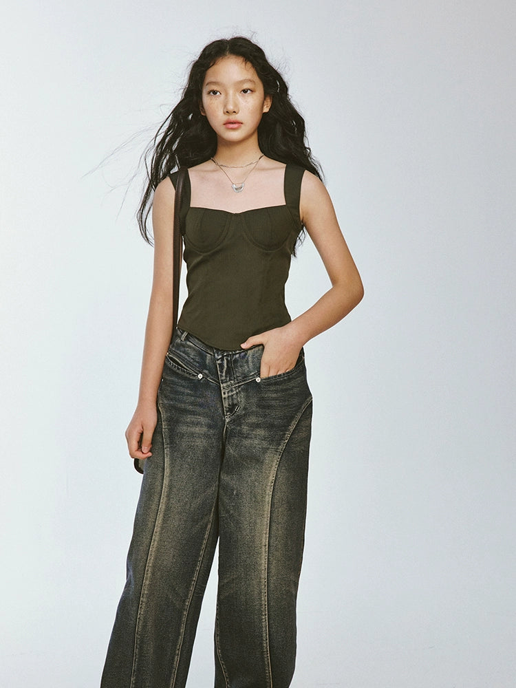 FUSSED_Retro_Olive_Green_Waist_Cinching_Blazer_With_Textured_Stripe_MISSTT