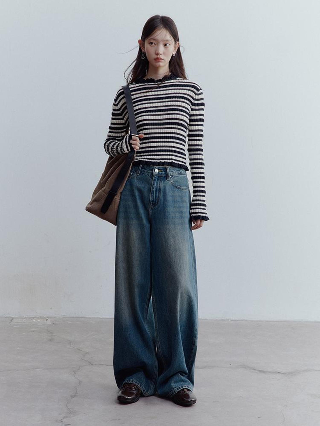 FUSSED Ribbed Leno Blue White Stripe Cool Touch Knit Top