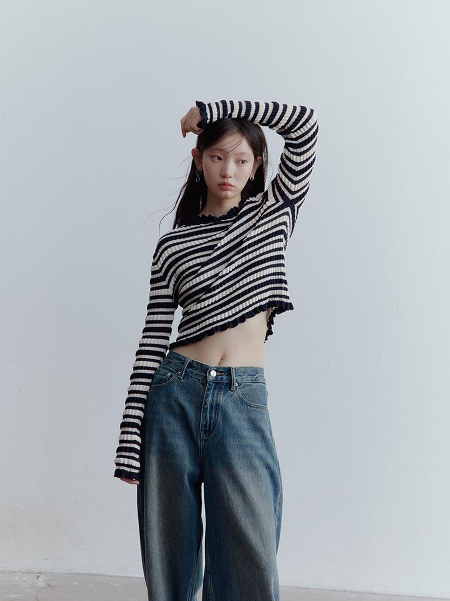 FUSSED Ribbed Leno Blue White Stripe Cool Touch Knit Top