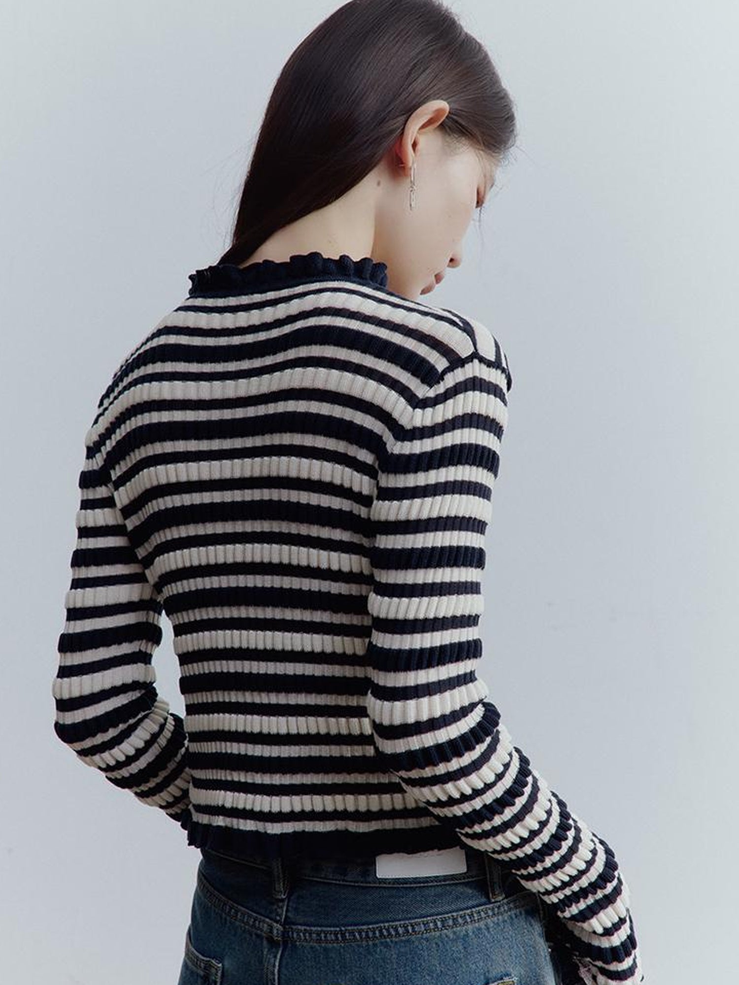 FUSSED Ribbed Leno Blue White Stripe Cool Touch Knit Top