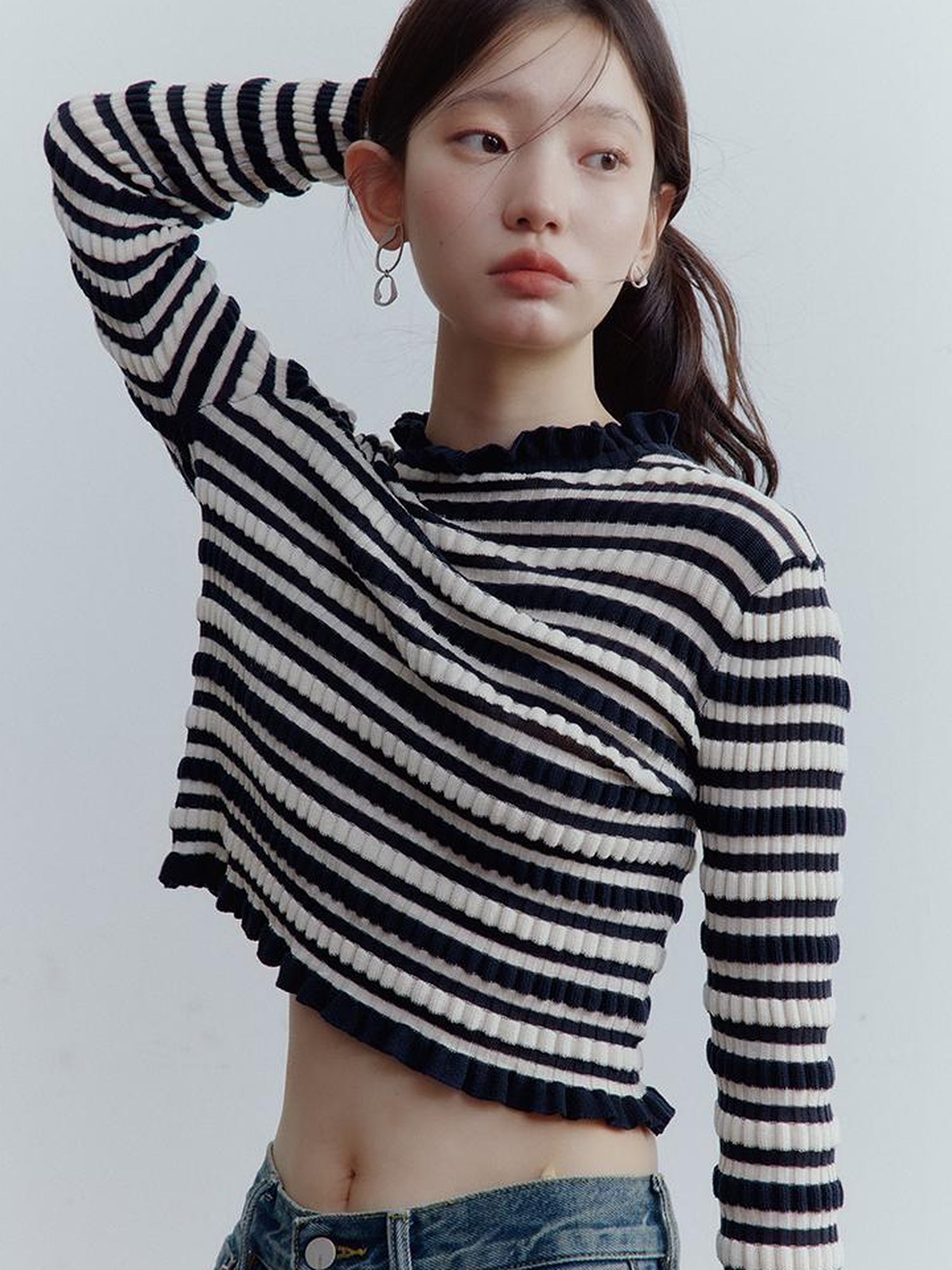 FUSSED Ribbed Leno Blue White Stripe Cool Touch Knit Top