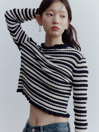 FUSSED Ribbed Leno Blue White Stripe Cool Touch Knit Top