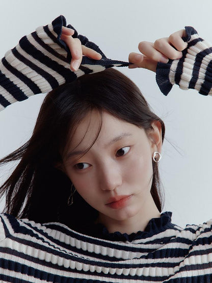 FUSSED Ribbed Leno Blue White Stripe Cool Touch Knit Top